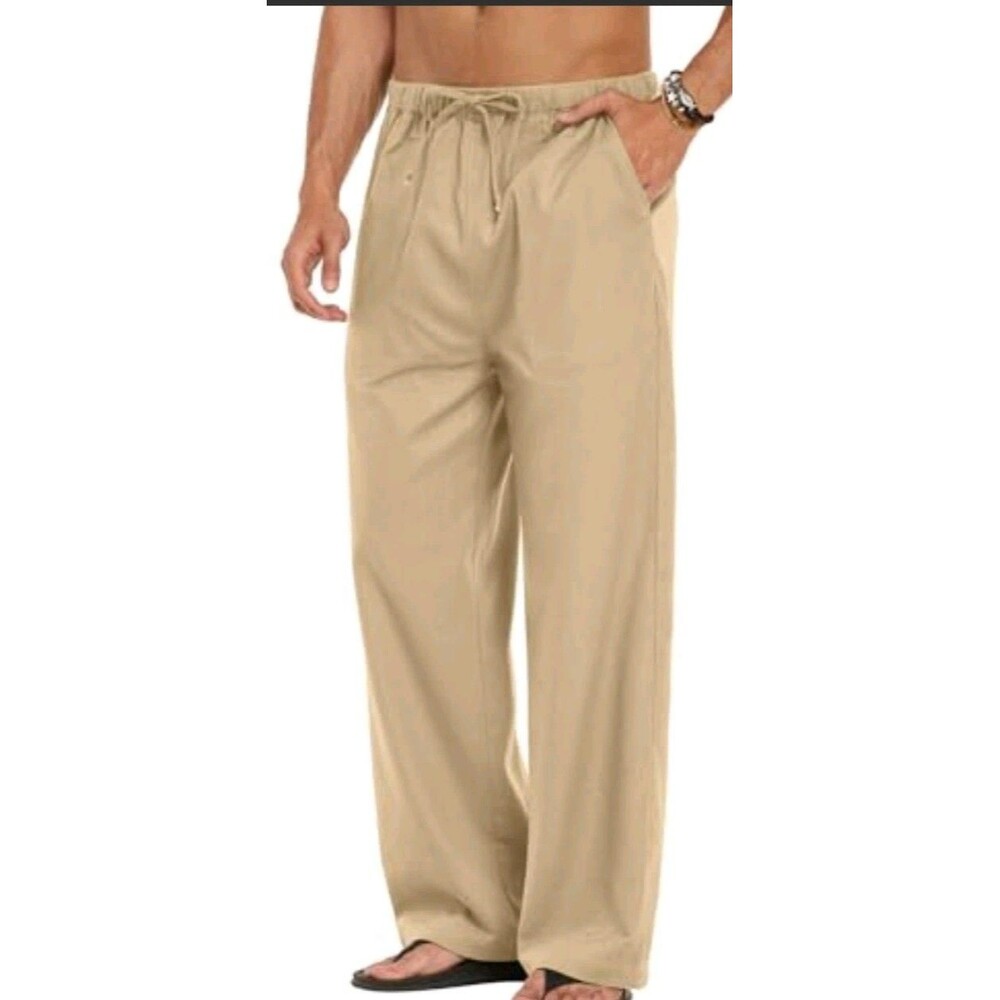 Coofandy Men's Linen Blend Casual Drawstring Pants Cream Size L